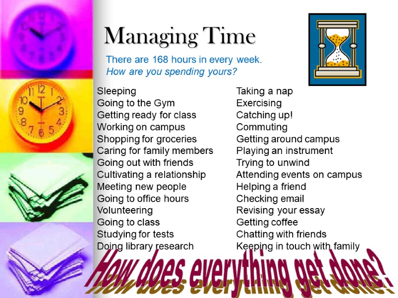 Managing Time  There are 168 hours in every week. How are you spending